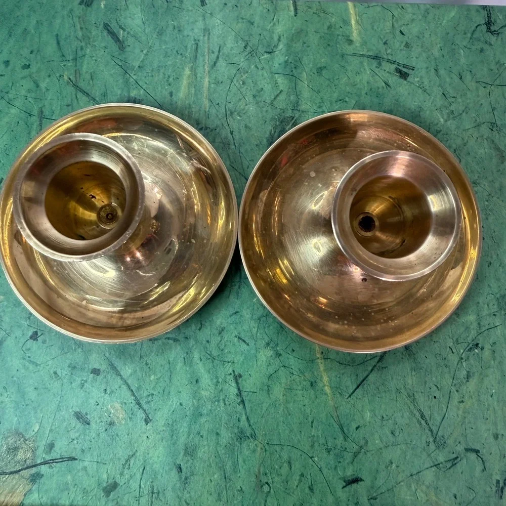 Vintage Solid Brass Chamberstick Taper Candle Holder Set Gold Saucer Base 2pc